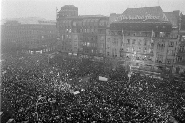 Velvet Revolution, Prague, Czechoslovakia, December 8, 1989. People again fill up the Wenceslas Square to demonstrate the support for the striking students and their will for change. 