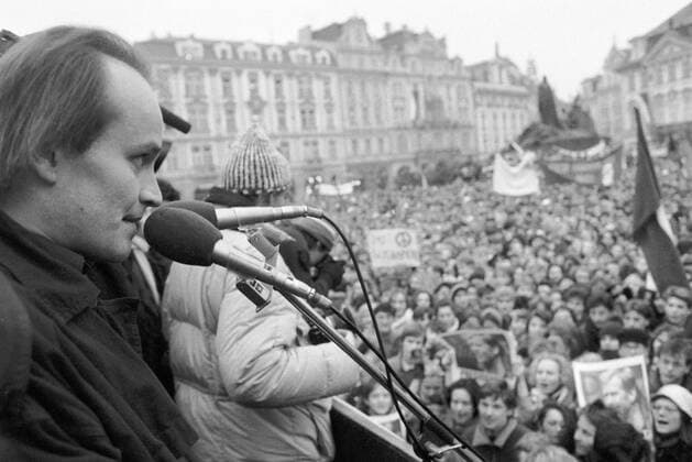 Velvet Revolution, Prague December 11, 1989. Old Town Square is filled by High School students, teachers and technical school students. Communist regime is falling apart. Michael Kocab speak to microphone. 