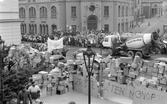 Velvet Revolution Prague, Czechoslovakia December, 5, 1989. Students raise barricades in protest of the government and express their diagreemennts about the Czech Constitution. 