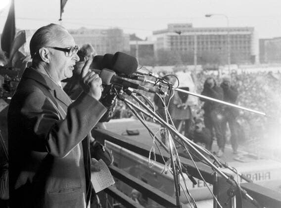 Velvet Revolution, Prague - Czechoslovakia, November 26th, 1989. Over half a milion Prague citizens and people from every corner of the republic came to Letna Plains to support the politics of Obcanske Forum and Vaclav Havel. Alexander Dubcek - the creator of Prague Spring 1968 - raises arms toward the crowd. 