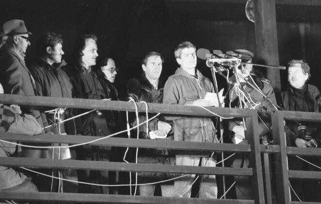 Velvet Revolution, Prague - Czechoslovakia, November 26th, 1989. Over half a milion Prague citizens and people from every corner of the republic came to Letna Plains to support the politics of Obcanske Forum and Vaclav Havel. Ludvik Princ, the member of motorized unit of VB - the feared Public Safety - gives a speech. 