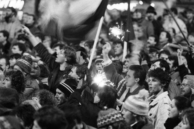 Czechoslovakia, November 24th 1989, Velvet Revolution, euphoric Prague citizens celebrate the announcement that Communist government including the high ranking officials at the Communist Party of Czechoslovakia resigned their posts. 