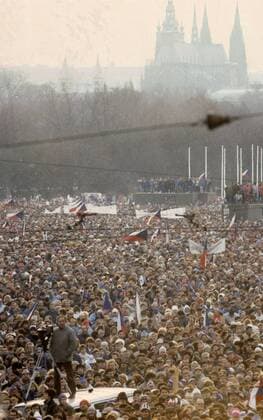 Prague, November 26th 1989, Velvet Revolution, between half and one million people gather at Letna Plains to support the new political body, the Civic Forum (Obcanske Forum) with dissident Vaclav Havel as its leader. Hradcany castle is in the background. 