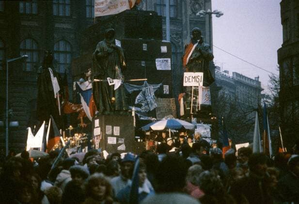 Prague, Czechoslovakia, Velvet Revolution, November 1989, on November 20th 1989 university students entered a strike lasting one week in protest of the brutal police crack down on peaceful demonstrators three days before. On November 22nd students and citizens lite candles by the statue of St. Wenceslas. 