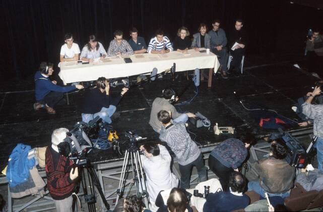 Prague, Czechoslovakia, Velvet Revolution, November 1989, November 23rd 1989, student strike commitee during press conference at which they announced their position toward the present political situation. 