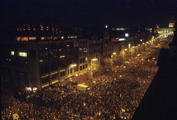 Prague, Czechoslovakia, Velvet Revolution, November 1989, hundreds of thousands of citizens came to Wenceslas Square on November 27th to support striking students while speeches from various political parties representatives, students and many others were made from the Melantrich Building. 
