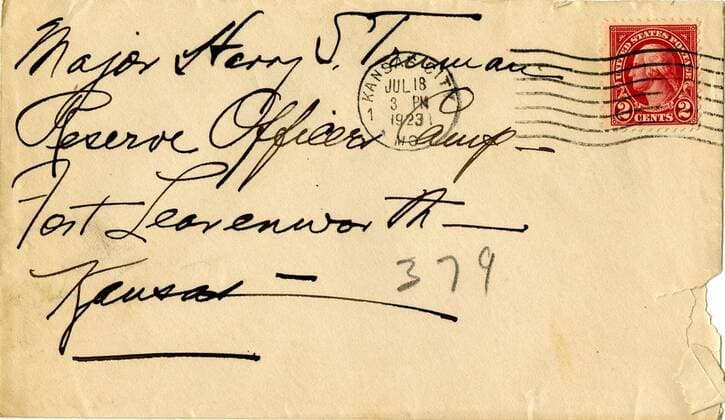 An envelope from a letter written by Bess Truman sent to her husband Harry S. Truman in the 1920 s is seen in a handout image from the Harry S. Truman Library and Museum. The National Archives in Washington DC unveiled the letters at an exhibit on October 14, 2009. The former First Lady burned most of the letters she wrote her husband, who was U.S. President from 1945-1953, but a forgotten few survived and some have now been made available to historians.  WAX20091014704
