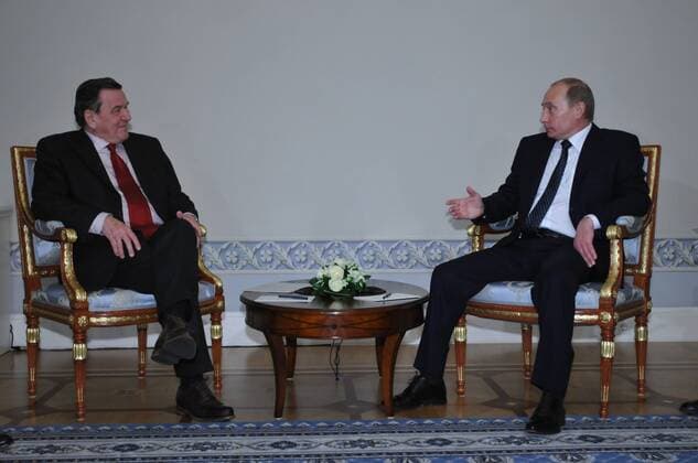 ITAR-TASS 32: LENINGRAD REGION, RUSSIA. JANUARY 7. Russian Prime Minister Vladimir Putin (R) meets with Nord Stream board chairman Gerhard SchrÃ¶der in the Konstantinovsky (Constantine) Palace in Strelna.  TASS_728532