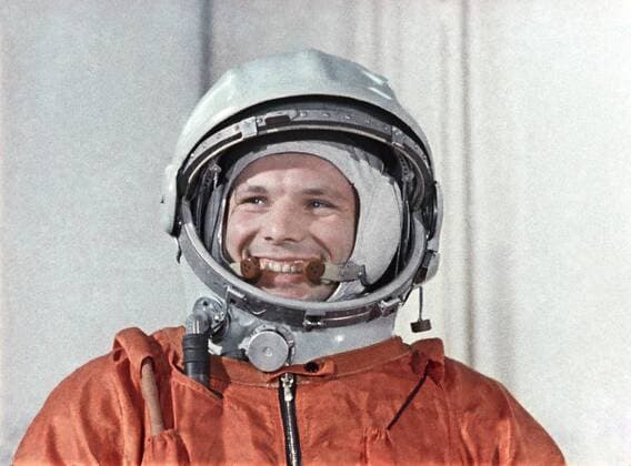 IMAGO History, Juri Gagarin wird der erste Mensch im Weltraum: 1961 Soviet cosmonaut and the first human in space Yuri Gagarin. A still from film The first flight to the stars .  Highlight TASS92696