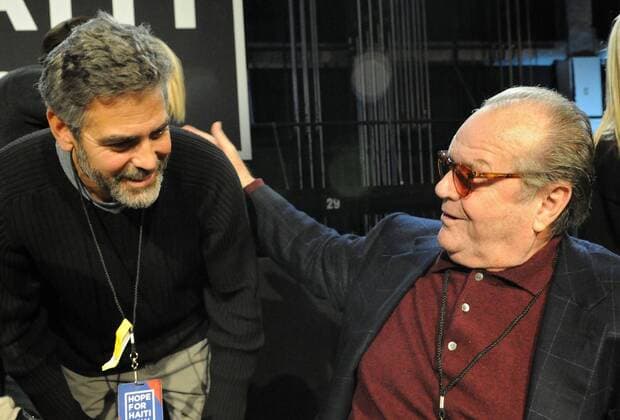 In this handout photo provided by MTV, actors George Clooney (L) and Jack Nicholson participate in the Hope For Haiti Now: A Global Benefit For Earthquake Relief telethon on January 22, 2010 in Los Angeles.  LAP20100122167