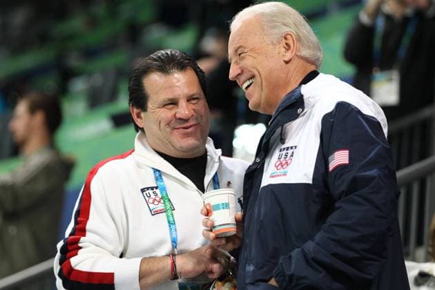 Feb. 14, 2010 - Vancouver, Washington, United States - 2010 WINTER OLYMPIC GAMES - Michael Eruzione, left, former U.S. Olympic hockey player, and U.S. Vice President Joseph Biden attended the USA vs. China women s hockey match during the Winter Olympics.  - ZUMAs03
