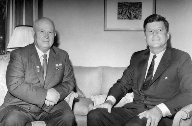 VIENNA, AUSTRIA. Soviet leader Nikita Sergeyevich Khrushchev (L) and U.S. president John Fitzgerald Kennedy meet at the US embassy in Vienna for talks on the Cuban Missile (Caribbean) Crisis.  Highlight TASS_100820