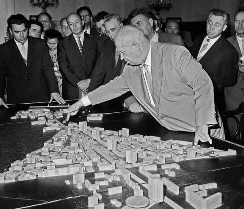 Moscow. The exhibition devoted to the plans of the capital reconstruction took place in the Mossovet (Moscow City Council). Nikita Khrushchev (front) inspects the projects.  TASS_355318
