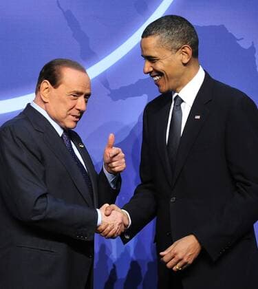 United States President Barack Obama (R) welcomes President Silvio Berlusconi of Italy to the Nuclear Security Summit at the Washington Convention Center, Monday, April 12, 2010 in Washington, DC.  WAX20100412173