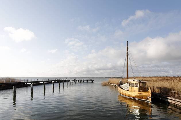 Traditionelles, kleines Holzboot ankert in einem Hafen am Bodden, Morgenstimmung, Ferienort Born am Darß, Fischland-Darß-Zingst, Mecklenburg-Vorpommern, Deutschland, Europa iblkas01553983