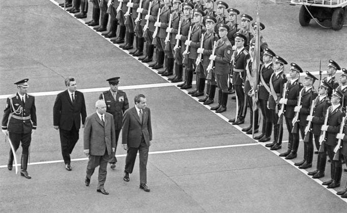 Moscow. Chairman of the Presidium of the Supreme Soviet of the USSR Nikolai Podgorny and US President Richard Nixon (front L-R) review the guard of honor.  696219