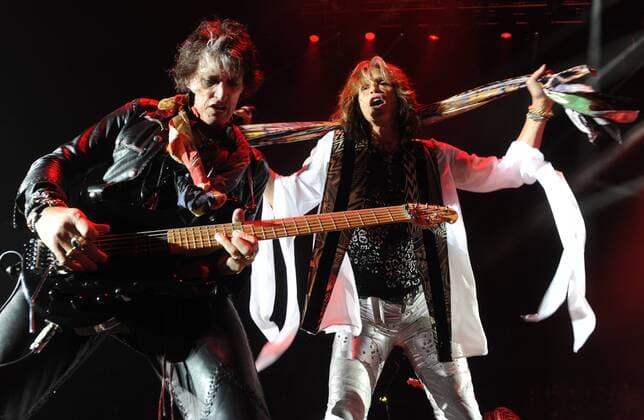 American singer Stephen Tyler and guitarist Joe Perry perform with Aerosmith at 02 Arena in London on June 15, 2010.  LON20100615117