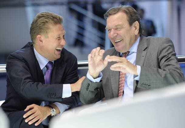 ST PETERSBURG, RUSSIA. JUNE 20, 2010. Gazprom s CEO Alexei Miller and Nord Stream s chairman Gerhard SchrÃ¶der (R) at a panel session entitled: GLOBAL ENERGY and THE FUTURE OF THE GAS MARKET held within the framework of the St Petersburg International Economic Forum at the LenExpo Exhibition Centre.  Highlight RE0D20FF