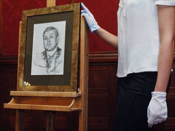 ITAR-TASS 31: MOSCOW, RUSSIA. NOVEMBER 20. A sketch with Roman Abramovich s image for The Federal Assembly s sessioni picture by Farid Bogdanov and Sergey Kalinin is displayed at the auction in Metropol Hotel where the picture and its sketches are sold.  193268