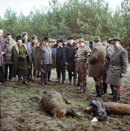 Ukrainian SSR. General Secretary of the Central Committee of the CPSU Leonid Brezhnev (front 3rd R) and Chairman of the League of Communists of Yugoslavia Josip Broz Tito (center grey uniform) and his wife Jovanka Broz (left) in Zalesye. 
