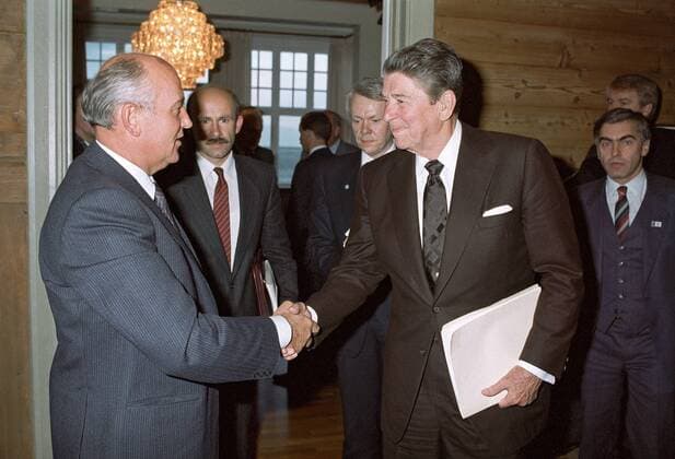 Reykjavik. General Secretary of the Communist Party of the Soviet Union (CPSU) Mikhail Gorbachev (L) and Ronald Reagan, the fortieth President of the United States, shake hands during their meeting. 
