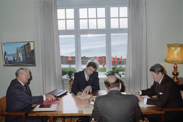 Reykjavik. General Secretary of the Communist Party of the Soviet Union (CPSU) Mikhail Gorbachev (L) meets with Ronald Reagan (R), the fortieth President of the United States. 