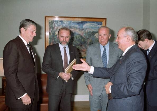 Reykjavik. General Secretary of the Communist Party of the Soviet Union (CPSU) Mikhail Gorbachev (R) meets with Ronald Reagan (L), President of the United States. 