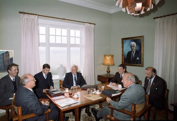 Reykjavik. General Secretary of the Central Committee of the CPSU Mikhail Gorbachev (2nd L) meets with US President Ronald Reagan (3rd R). 