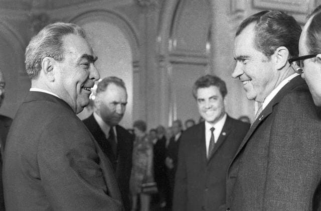MOSCOW, USSR. General Secretary of the Central Committee of the Communist Party of the Soviet Union Leonid Ilyich Brezhnev, left, and U.S. President Richard Nixon talk at a meeting in Moscows Great Kremlin Palace.  454682