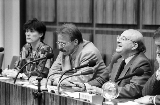 V.l.n.r.: Staatssekretärin Ulrike Riedel, Jürgen Trittin (Umweltminister Niedersachsen) und Wolfgang Ullmann (alle Deutschland Bündnis90 Die Grünen) während einer Pressekonferenz