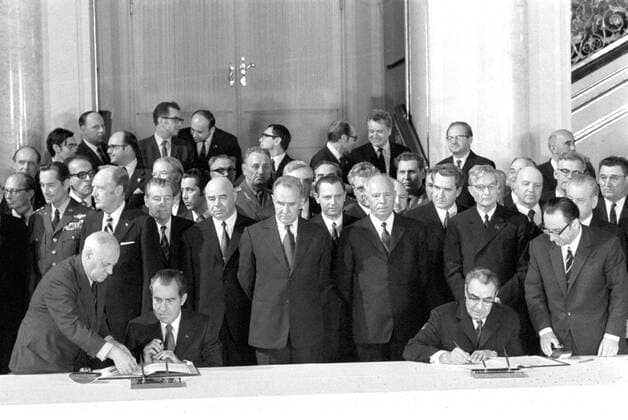MOSCOW. May 26, 1972 US President Richard Nixon (seated, L) and Secretary General of the CPSU Leonid Brezhnev (R) signing the ABM treaty of 1972 in the Kremlin.  246264