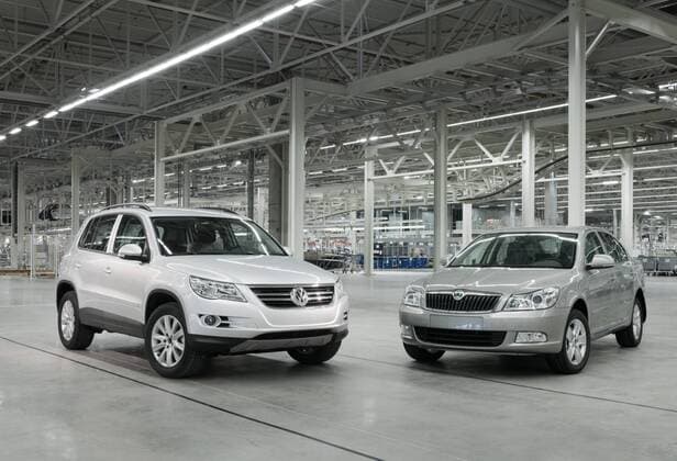 KALUGA, RUSSIA. Volkswagen Tiguan car and Skoda Fabia car seen at the Volkswagen plant in Kaluga.  RE0D7289