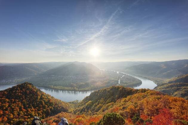  Blick von Kanzel am Vogelberg bei Dürnstein, Donau, Rossatz, Wachau, Waldviertel, Niederösterreich, Österreich, Europa iblman01733418
