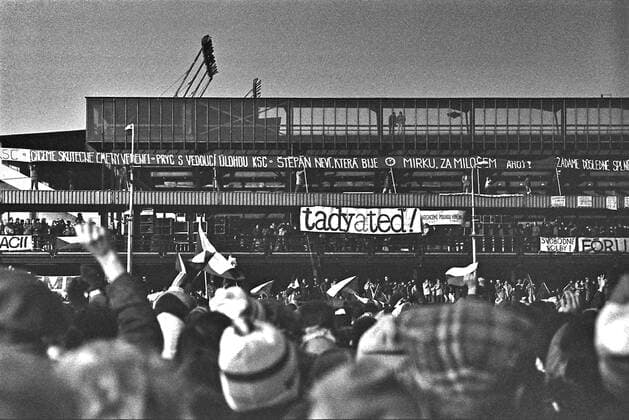 A brutal police action against peaceful march of students in Prague on November 17, 1989, sparked the Velvet Revolution, a series of demonstrations that toppled the authoritarian Communist regime in Czechoslovakia. People flash victory signs during a massive demonstration at Letna plain in Prague on November 25, 1989. CTK Photo Jaromir Cejka  CTKPhoto200910301218101
