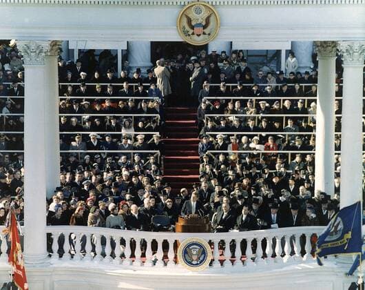 This photograph, part of the John F. Kennedy Presidential Library, taken on January 20, 1961 shows John F. Kennedy delivering his inaugural address after being sworn-in as the 35th President of the United States, Washington, DC . This image is one of the more than 1,500 images that the National Archives has released in their Access to a Legacy project, which is an online digital archive of high interest material from President John F. Kennedy s official and personal records. The collection consist of photographs, audio recordings, speech drafts, films and other material.  WAX20110113305