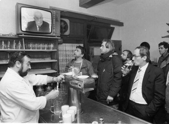 A brutal police action against peaceful march of students in Prague on November 17, 1989, sparked the Velvet Revolution, a series of non-violent demonstrations that toppled the authoritarian Communist regime in Czechoslovakia. People in a Prague pub watch on TV communist president Gustav Husak announcing his resignation on December 9, 1989. CTK Photo Jiri Krulis  CTKPhoto00133729