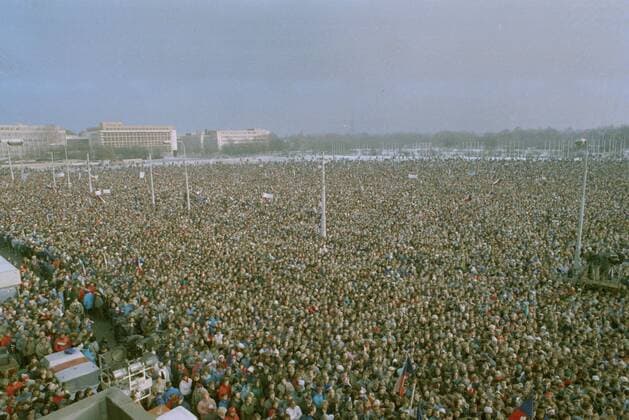 A brutal police action against peaceful march of students in Prague on November 17, 1989, sparked the Velvet Revolution, a series of demonstrations that toppled the authoritarian Communist regime in Czechoslovakia. The number of participants in the regular anti-government demonstration at Letna plain in Prague reached an estimated 800,000 people on November 25 and 26, 1989. CTK Photo  CTKPhoto00014292