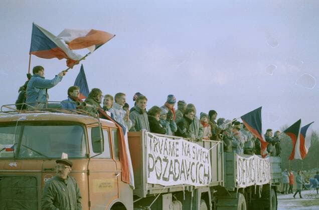 A brutal police action against peaceful march of students in Prague on November 17, 1989, sparked the Velvet Revolution, a series of demonstrations that toppled the authoritarian Communist regime in Czechoslovakia. People on trucks wave national flags during a demonstration at Letna plain in Prague in November 1989. The number of participants reached an estimated 800,000 people on November 25 and 26. CTK Photo  CTKPhoto00014296