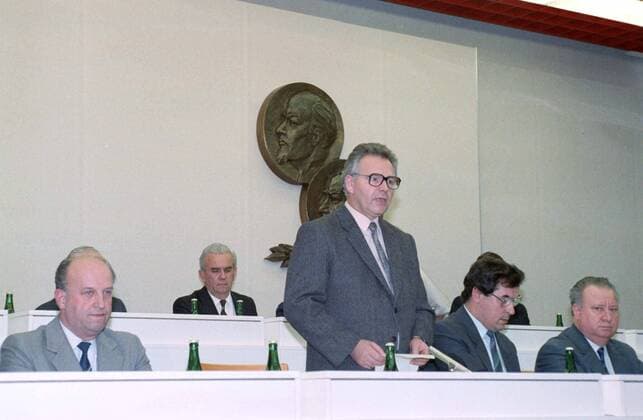 A brutal police action against peaceful march of students in Prague on November 17, 1989, sparked the Velvet Revolution, a series of non-violent demonstrations that toppled the authoritarian Communist regime in Czechoslovakia. Karel Urbanek who replaced Milos Jakes as the Communist party general secretary speaks at a special session of its central committee in Prague on November 26, 1998. CTK Photo Karel Mevald  CTKPhoto00014261