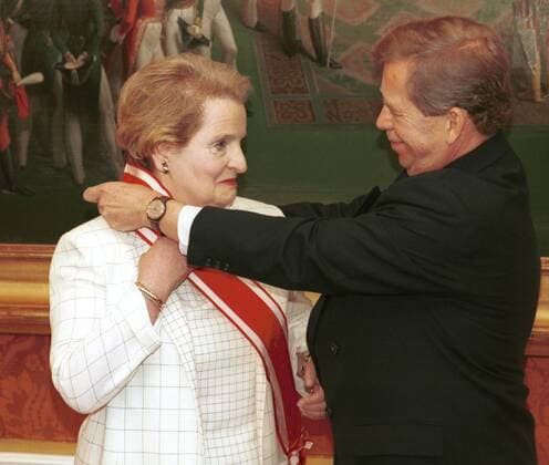 US Secretary of State Madeleine Albright receives from Czech President Vaclav Havel the Order of White Lion, the highest Czech state award, at Prague Castle on July 14, 1997. CTK Photo Stanislav Zbynek  CTKPhoto00217785