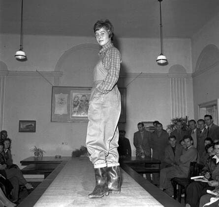Fashion model on cat walk presents work clothes for United Agricultural Cooperative workers. Prague Czechoslovakia 1959. (CTKxPhotox xJirixFinda)  CTKPhoto00238207