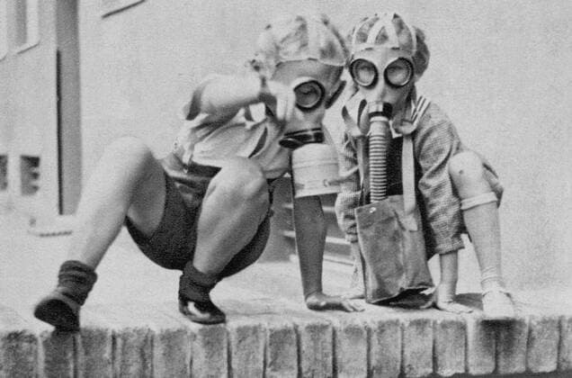 Czechoslovakia 1938, children in gas masks learning to protect themselves against attack.  CTKPhoto01039302
