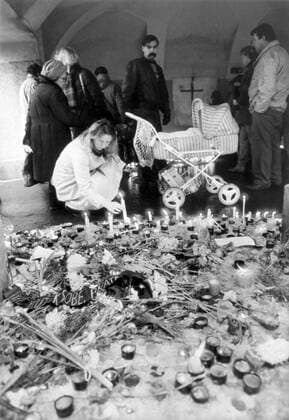 A brutal police action against peaceful march of students on Narodni (National) street in Prague on November 17, 1989, sparked the Velvet Revolution, a series of demonstrations that toppled the authoritarian Communist regime in Czechoslovakia. People light candles on Narodni street, November 22, 1989. CTK Photo  CTKPhoto20160656
