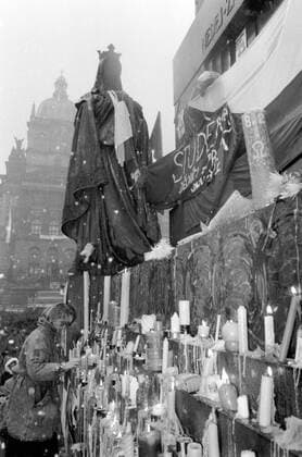 A brutal police action against peaceful march of students in Prague on November 17, 1989, sparked the Velvet Revolution, a series of demonstrations that toppled the authoritarian Communist regime in Czechoslovakia. People light candles at St. Wenceslas statue in Wenceslas Square in Prague on November 22, 1989. CTK Photo  CTKPhoto20160667