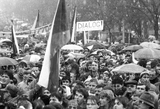 .A brutal police action against peaceful march of students in Prague on November 17, 1989, sparked the Velvet Revolution, a series of non-violent protests and demonstrations that toppled the authoritarian Communist regime in Czechoslovakia. Demonstration in Wenceslas Square on November 22, 1989. CTK Photo  CTKPhoto20160668