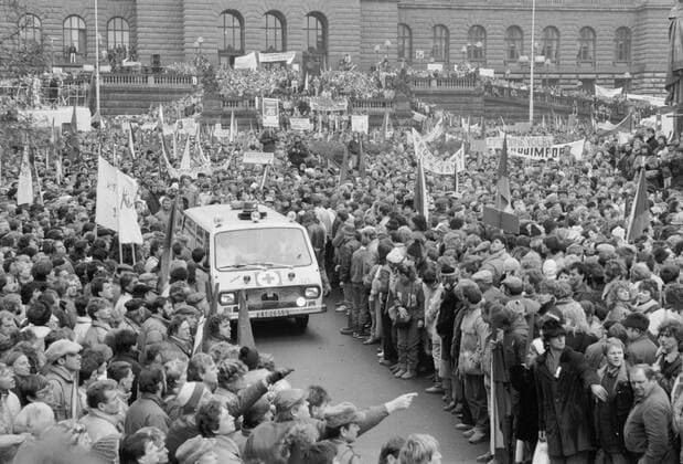 A brutal police action against peaceful march of students in Prague on November 17, 1989, sparked the Velvet Revolution, a series of non-violent protests and demonstrations that toppled the authoritarian Communist regime in Czechoslovakia. An ambulance rides through demonstration in Wenceslas Square during general strike on November 27, 1989. CTK Photo  CTKPhoto20160672