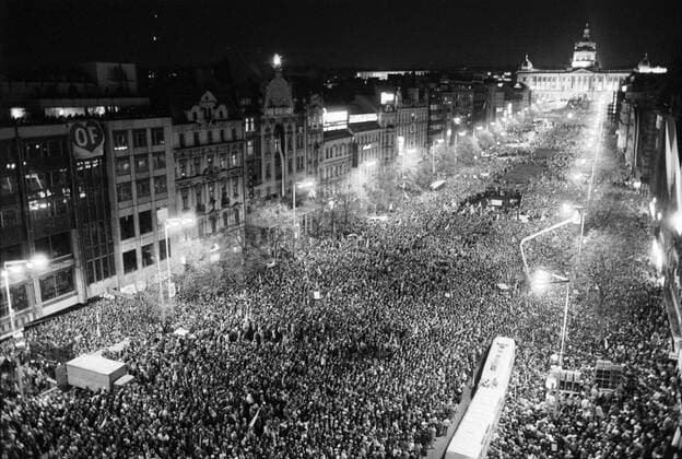 A brutal police action against peaceful march of students in Prague on November 17, 1989, sparked the Velvet Revolution, a series of demonstrations that toppled the authoritarian Communist regime in Czechoslovakia. Demonstration in Wenceslas Square on November 27, 1989. CTK Photo  CTKPhoto20160673