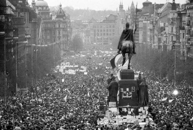 A brutal police action against peaceful march of students in Prague on November 17, 1989, sparked the Velvet Revolution, a series of non-violent protests and demonstrations that toppled the authoritarian Communist regime in Czechoslovakia. Demonstration at St.Wenceslas monument in Prague, November 1989. CTK Photo  CTKPhoto20160684