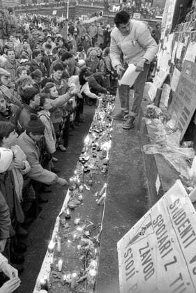 A brutal police action against peaceful march of students in Prague on November 17, 1989, sparked the Velvet Revolution, a series of demonstrations that toppled the authoritarian Communist regime in Czechoslovakia. People light candles at St. Wenceslas statue in Wenceslas Square in Prague. CTK Photo Karel Vlcek  CTKPhoto20160686