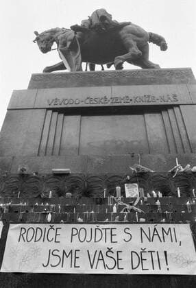 A brutal police action against peaceful march of students in Prague on November 17, 1989, sparked the Velvet Revolution, a series of non-violent protests and demonstrations that toppled the authoritarian Communist regime in Czechoslovakia. Banner on St.Wenceslas monument in Prague reads Parents, join us, we are your children. . CTK Photo Karel Vlcek  CTKPhoto20160687